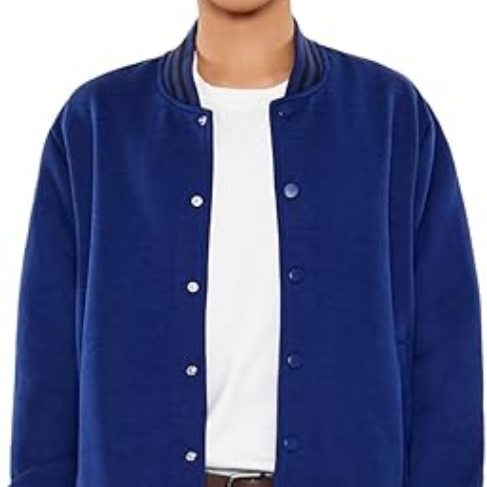 Forever Dark Navy Varsity-Striped Fleece Bomber Jacket SZ M